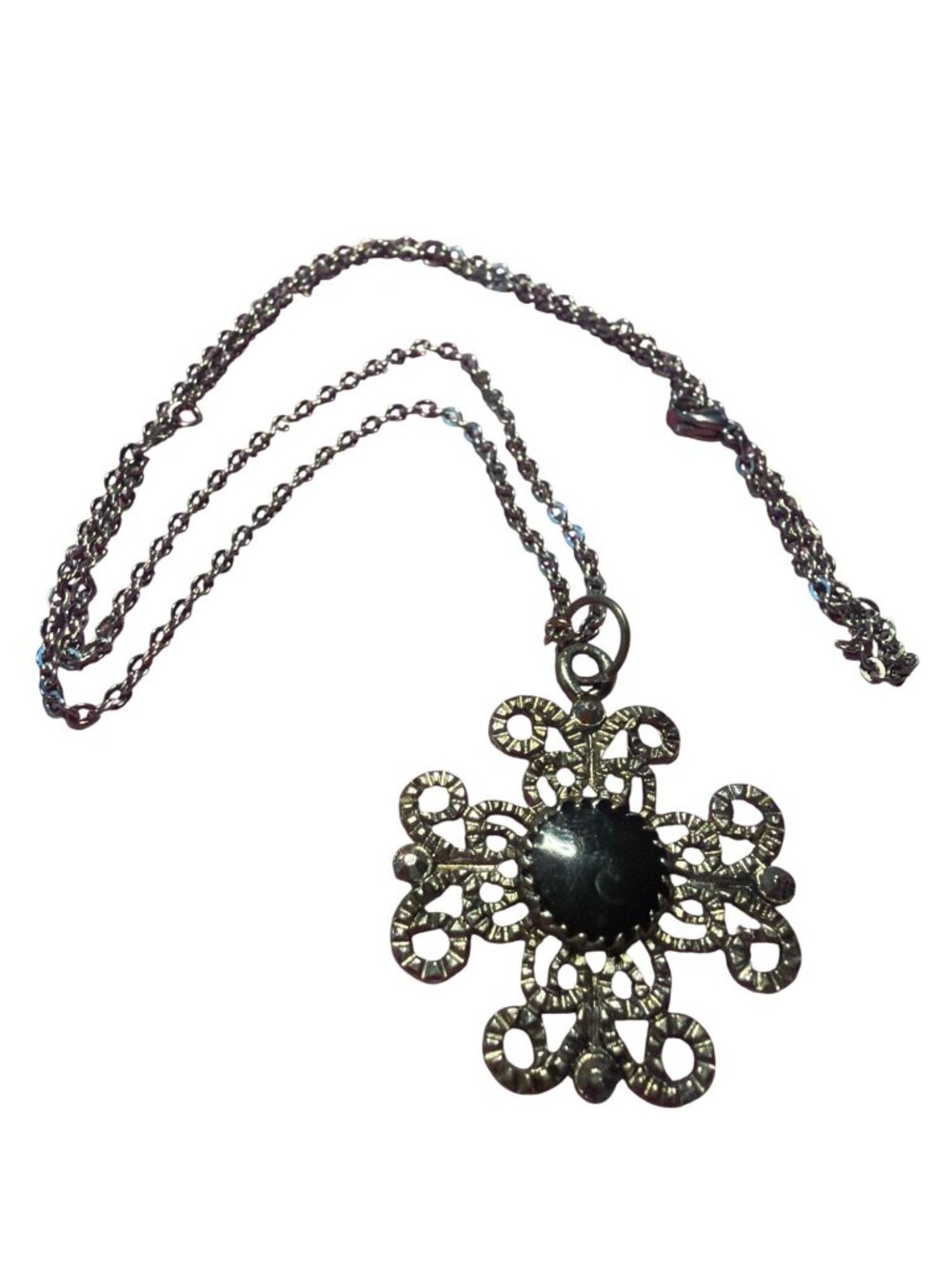 Vintage Silver Tone Pendant Necklace Filigree Cross Black Enamel Adj. 24" Estate